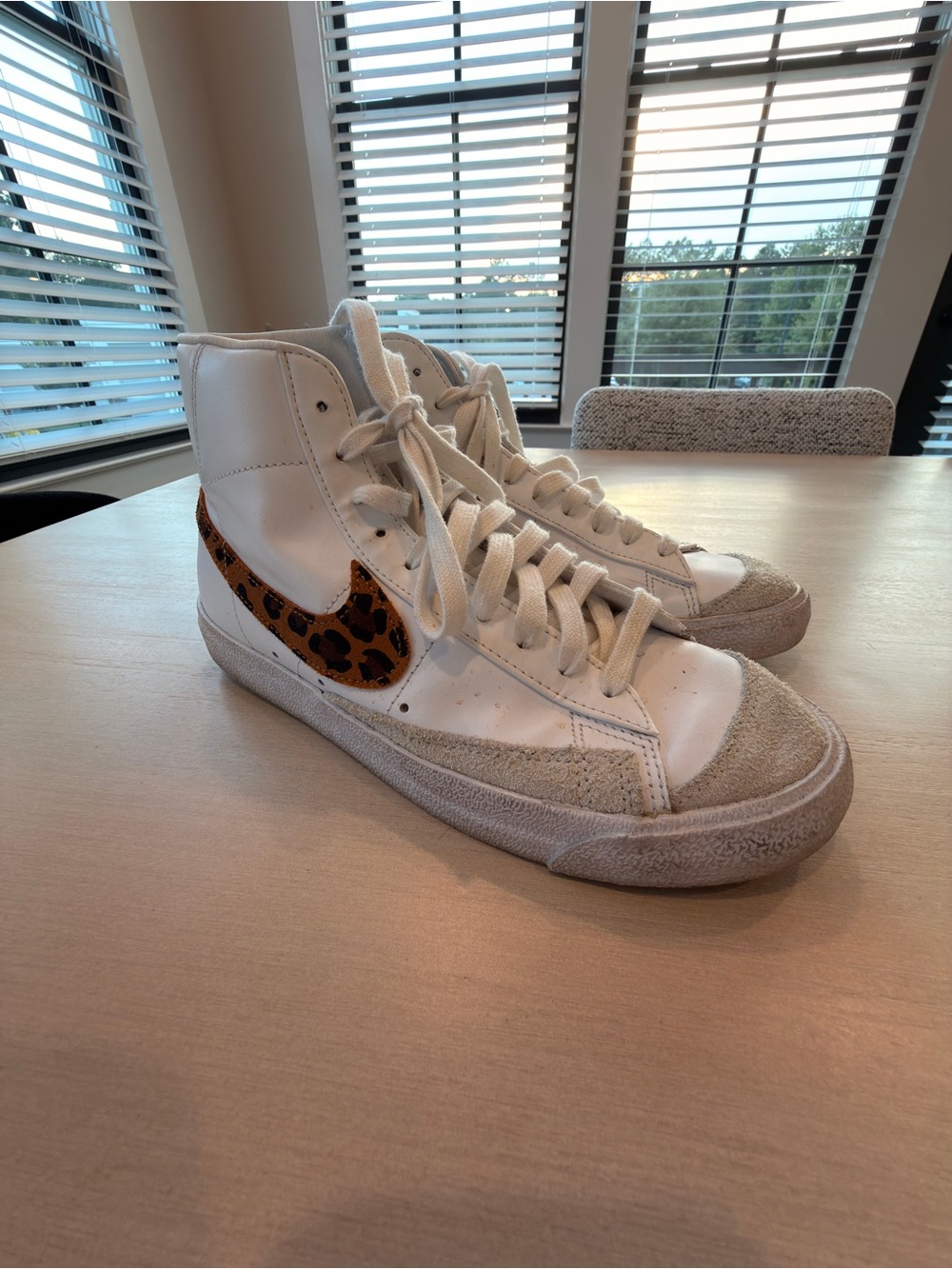 Nike Blazer White High-Top Sneakers with Leopard-Print Swoosh - Size 8.5